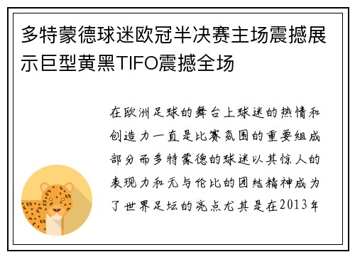 多特蒙德球迷欧冠半决赛主场震撼展示巨型黄黑TIFO震撼全场