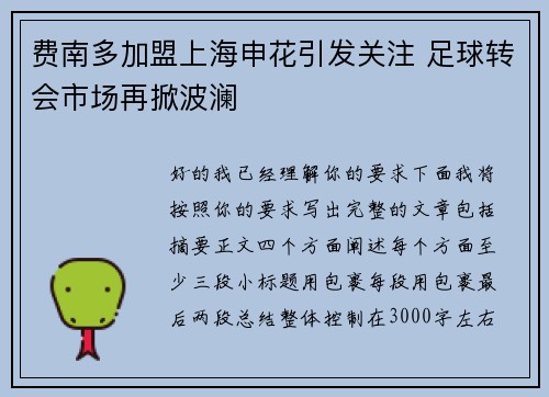 费南多加盟上海申花引发关注 足球转会市场再掀波澜